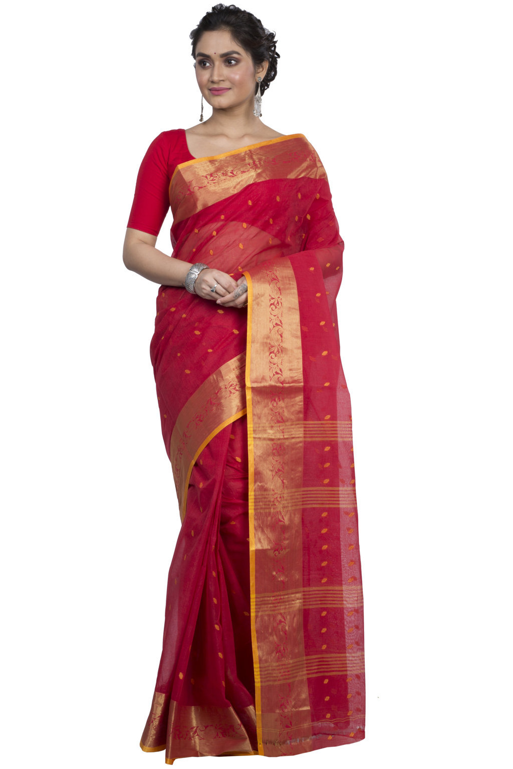 Red Pure Cotton Churi_Par Tant Saree (860)
